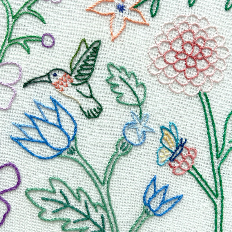 Hummingbird, Butterflies, and Flowers on Cream Linen Hand Embroidered Art