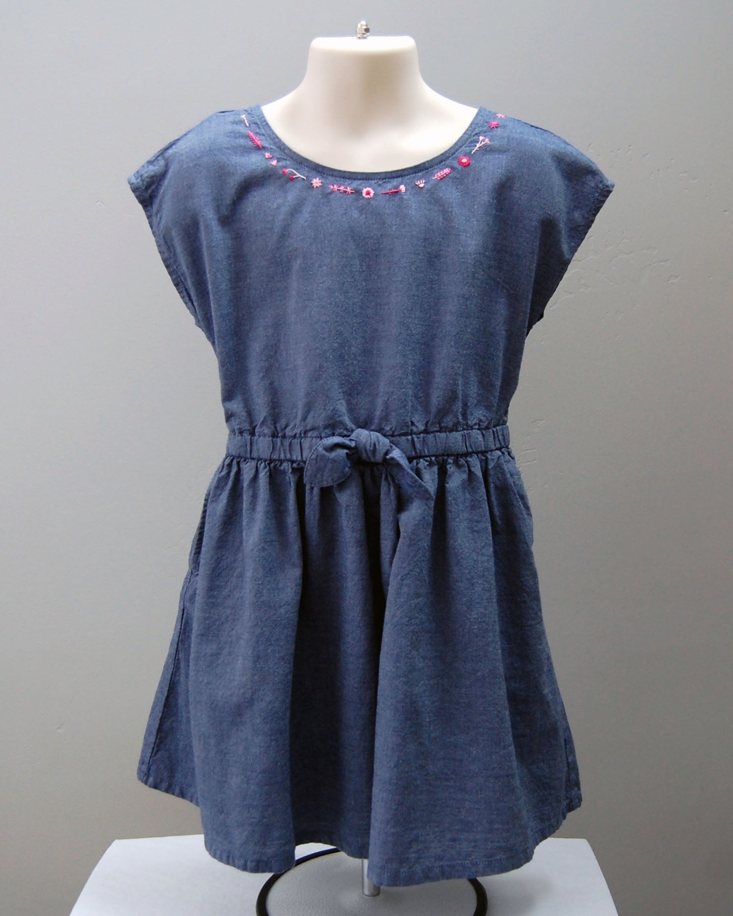Girl's Embroidered Chambray Dress Pink Flowers (Size 3T-4T)