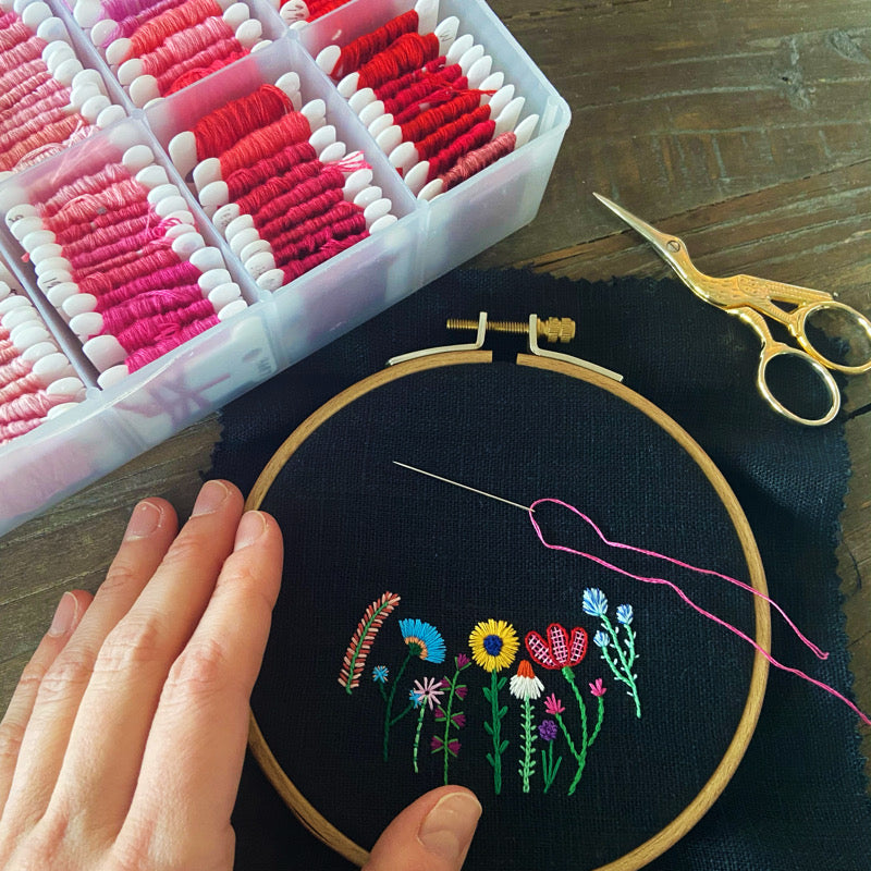 Rainbow Flowers (2.75") on Black Linen Hand Embroidered Art