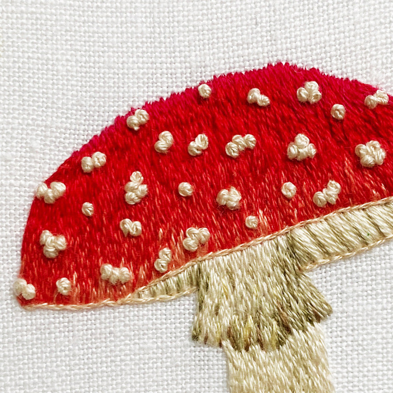 Amanita muscaria Mushroom on White Linen Hand Embroidered Art