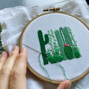 Cactus Grouping (2.5 inches) on White Linen Hand Embroidered Art