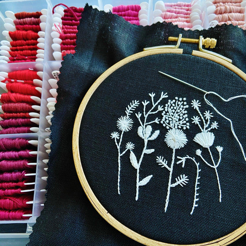 Monochromatic White Flowers on Black Linen Hand Embroidered Art