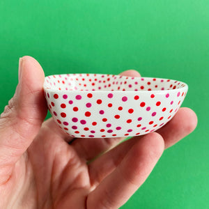 Red and Dark Pink Dots All Over - Hand Painted Porcelain Heart Bowl