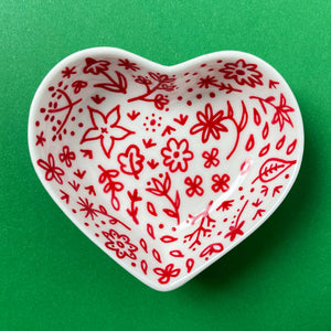 Red Floral 1 - Hand Painted Porcelain Heart Bowl