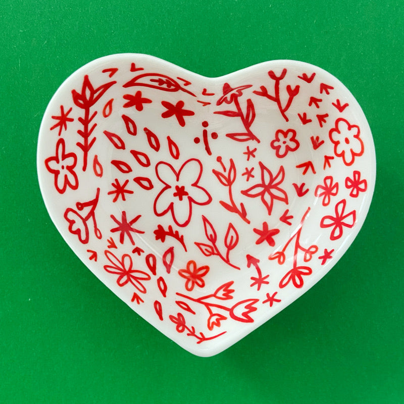 Red Floral 2 - Hand Painted Porcelain Heart Bowl