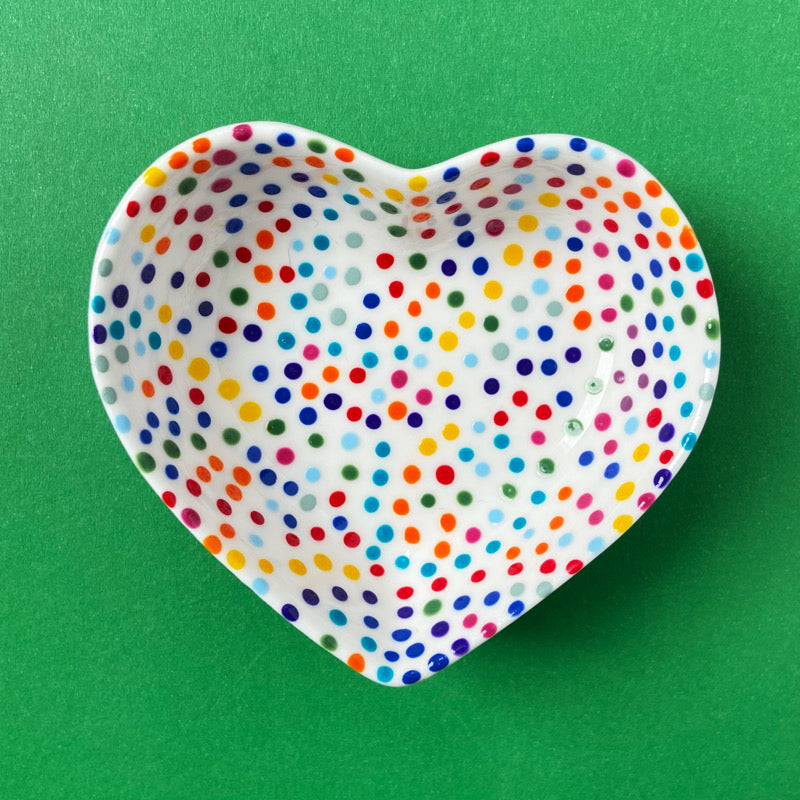 Rainbow Dot All Over 1 - Hand Painted Porcelain Heart Bowl