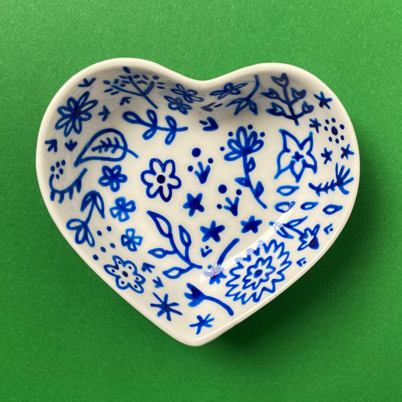 Blue Floral 1 - Hand Painted Porcelain Heart Bowl