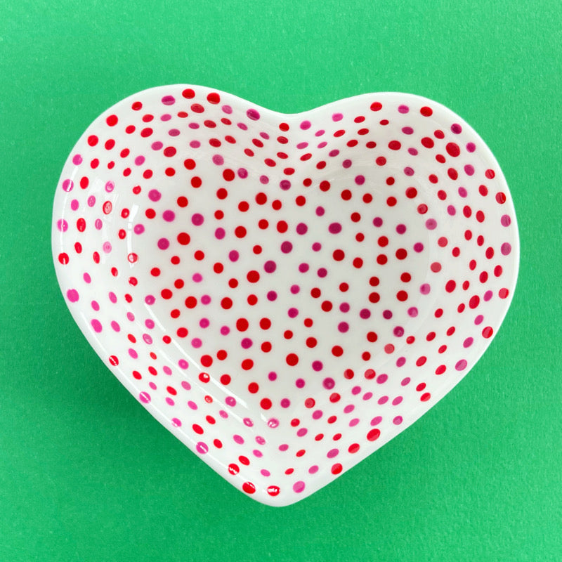 Red and Dark Pink Dots All Over - Hand Painted Porcelain Heart Bowl