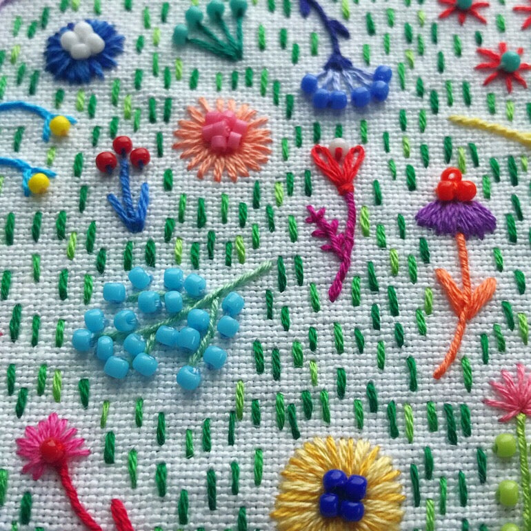 Beaded Rainbow Flower Field (3" Square) on White Linen Hand Embroidered Art