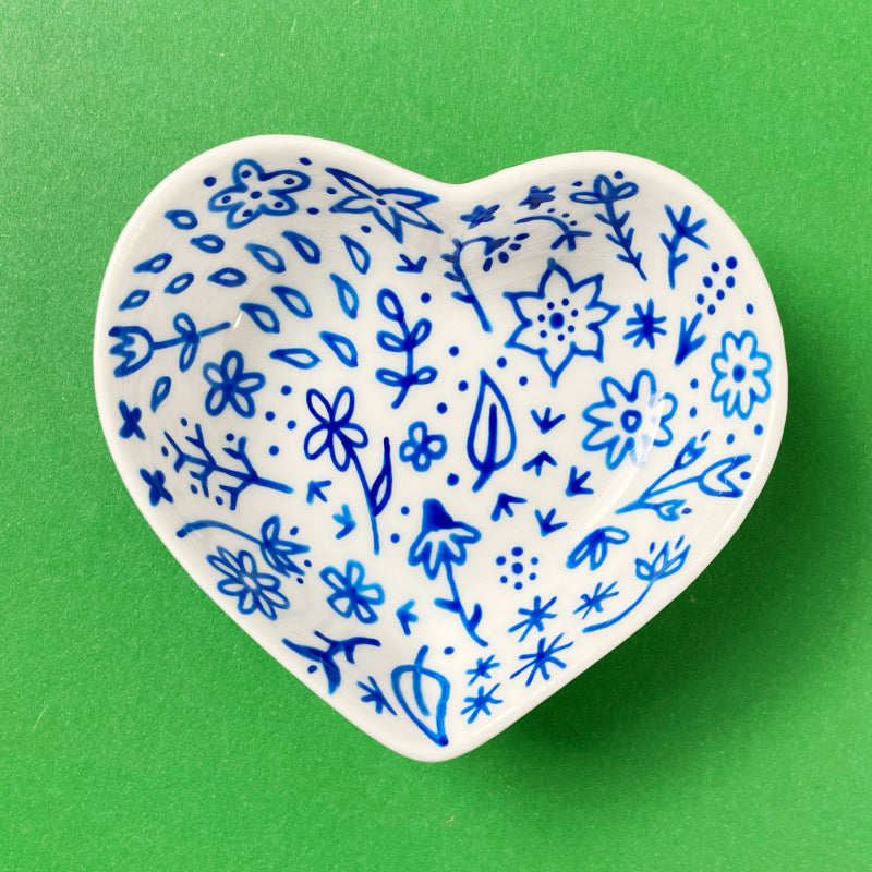 Blue Floral 2 - Hand Painted Porcelain Heart Bowl