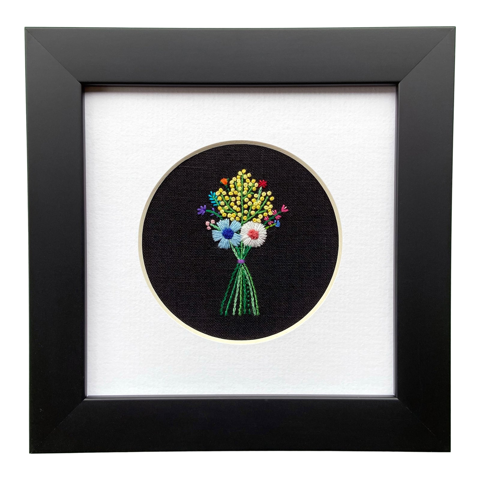 Rainbow Bouquet with Yellow Buds on Black Linen Hand Embroidered Art
