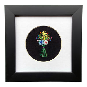Rainbow Bouquet with Yellow Buds on Black Linen Hand Embroidered Art
