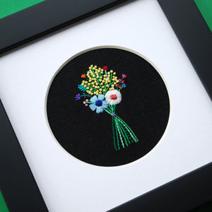 Rainbow Bouquet with Yellow Buds on Black Linen Hand Embroidered Art