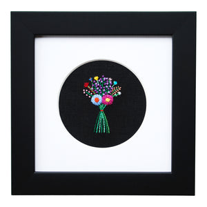 Rainbow Bouquet with Purple Buds on Black Linen Hand Embroidered Art