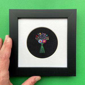 Rainbow Bouquet with Purple Buds on Black Linen Hand Embroidered Art