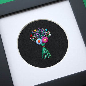 Rainbow Bouquet with Purple Buds on Black Linen Hand Embroidered Art