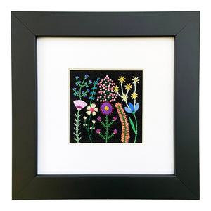 Rainbow Flowers (2.5") on Black Linen Hand Embroidered Art