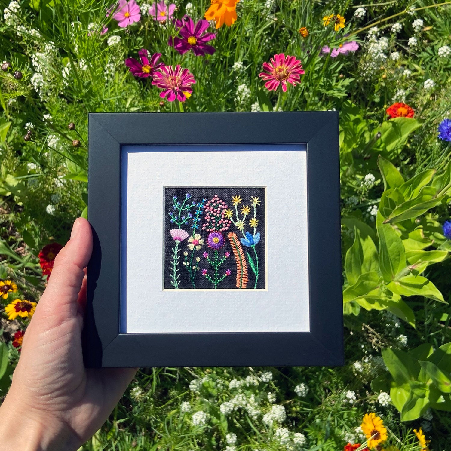 Rainbow Flowers (2.5") on Black Linen Hand Embroidered Art