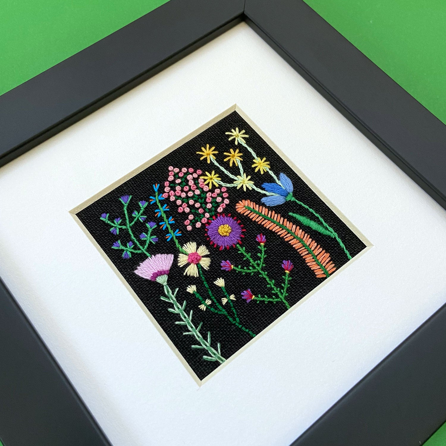 Rainbow Flowers (2.5") on Black Linen Hand Embroidered Art