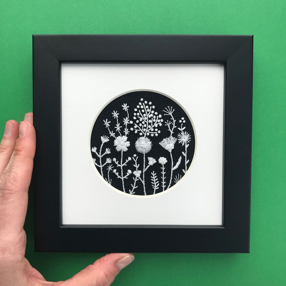 Monochromatic White Flowers on Black Linen Style 1 Hand Embroidered Art