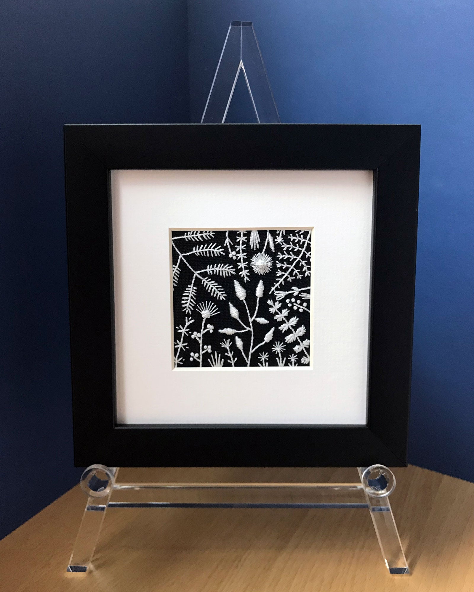 Monochromatic White Flowers on Black Linen Style 2 Hand Embroidered Art