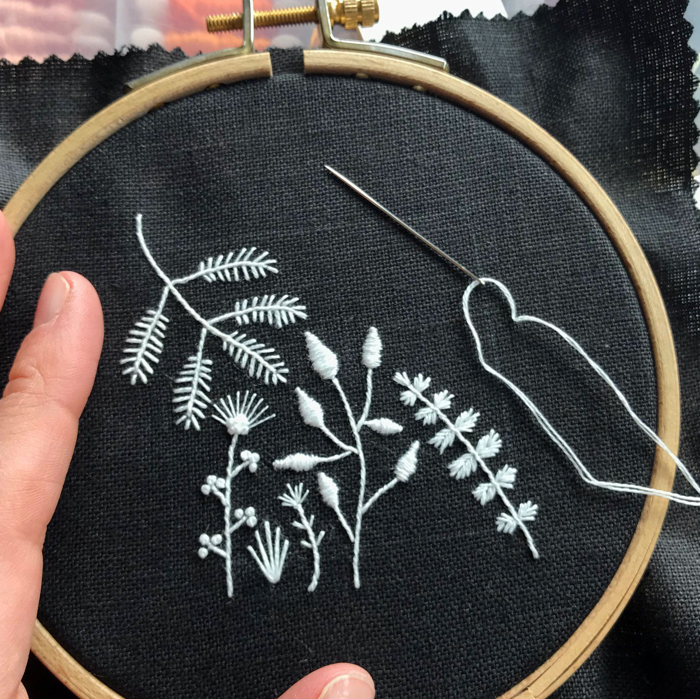 Monochromatic White Flowers on Black Linen Style 2 Hand Embroidered Art