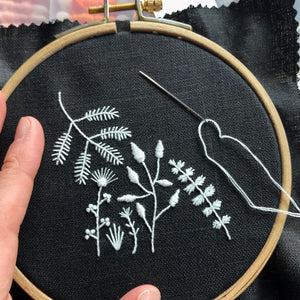 Monochromatic White Flowers on Black Linen Style 2 Hand Embroidered Art