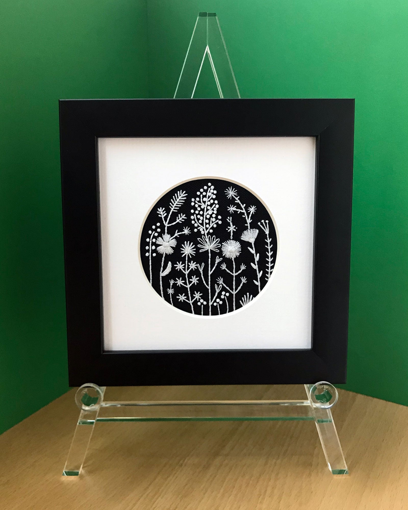 Monochromatic White Flowers on Black Linen Style 3 Hand Embroidered Art