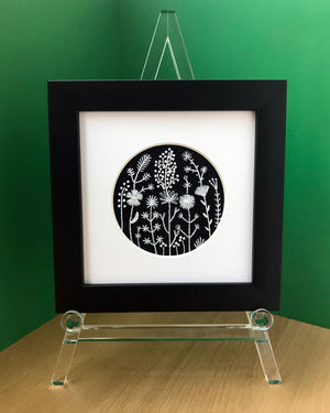 Monochromatic White Flowers on Black Linen Style 3 Hand Embroidered Art