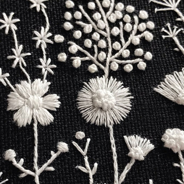 Monochromatic White Flowers on Black Linen Style 1 Hand Embroidered Ar ...