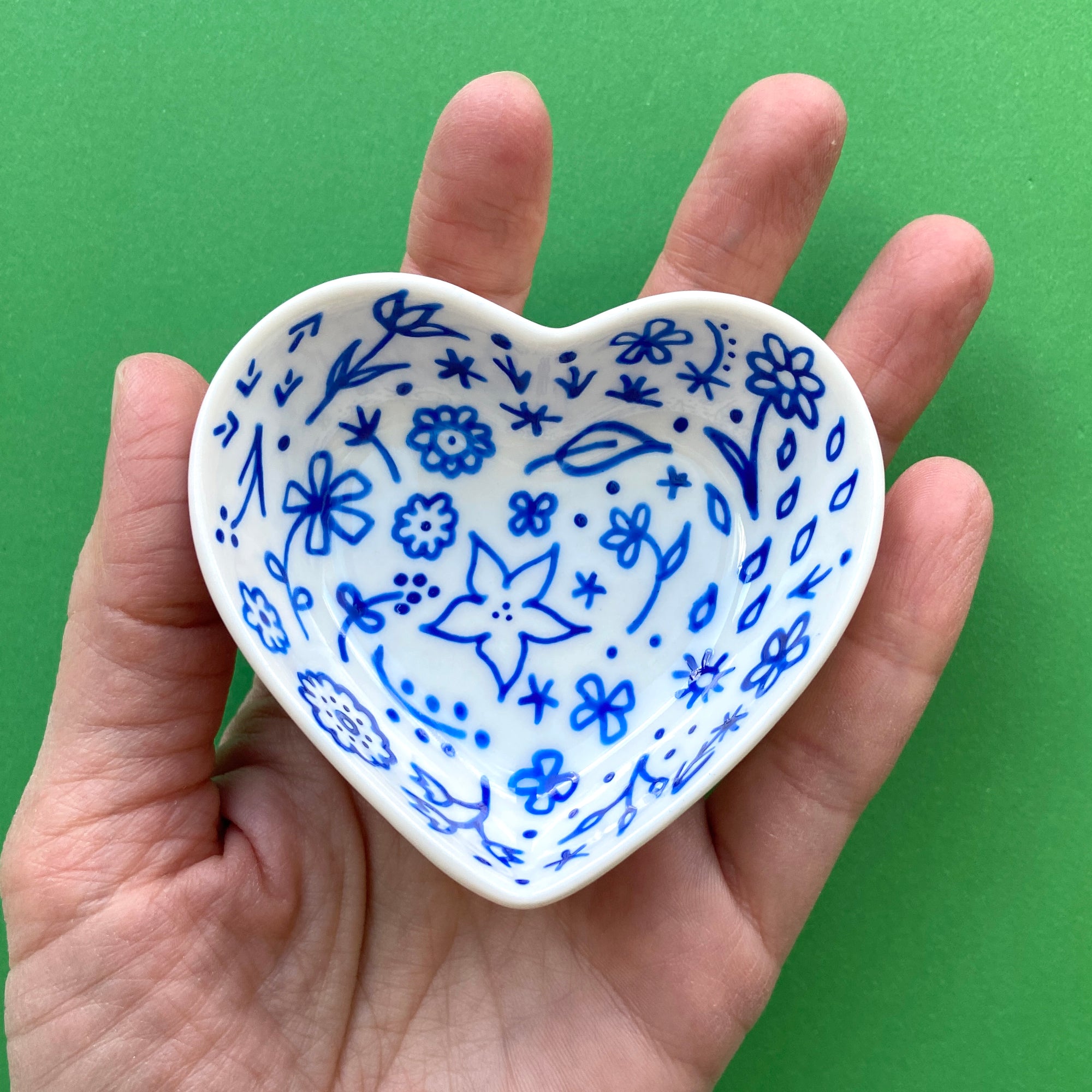 Blue Floral 2 - Hand Painted Porcelain Heart Bowl