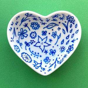 Blue Floral 2 - Hand Painted Porcelain Heart Bowl