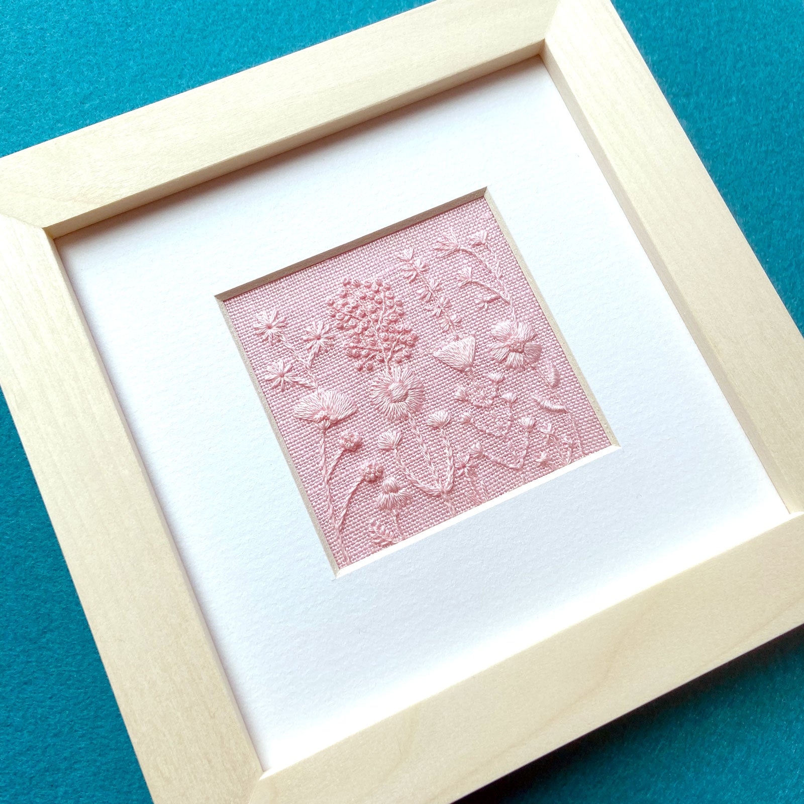 Monochromatic Pink Flowers (2.5") on Pink Linen Hand Embroidered Art