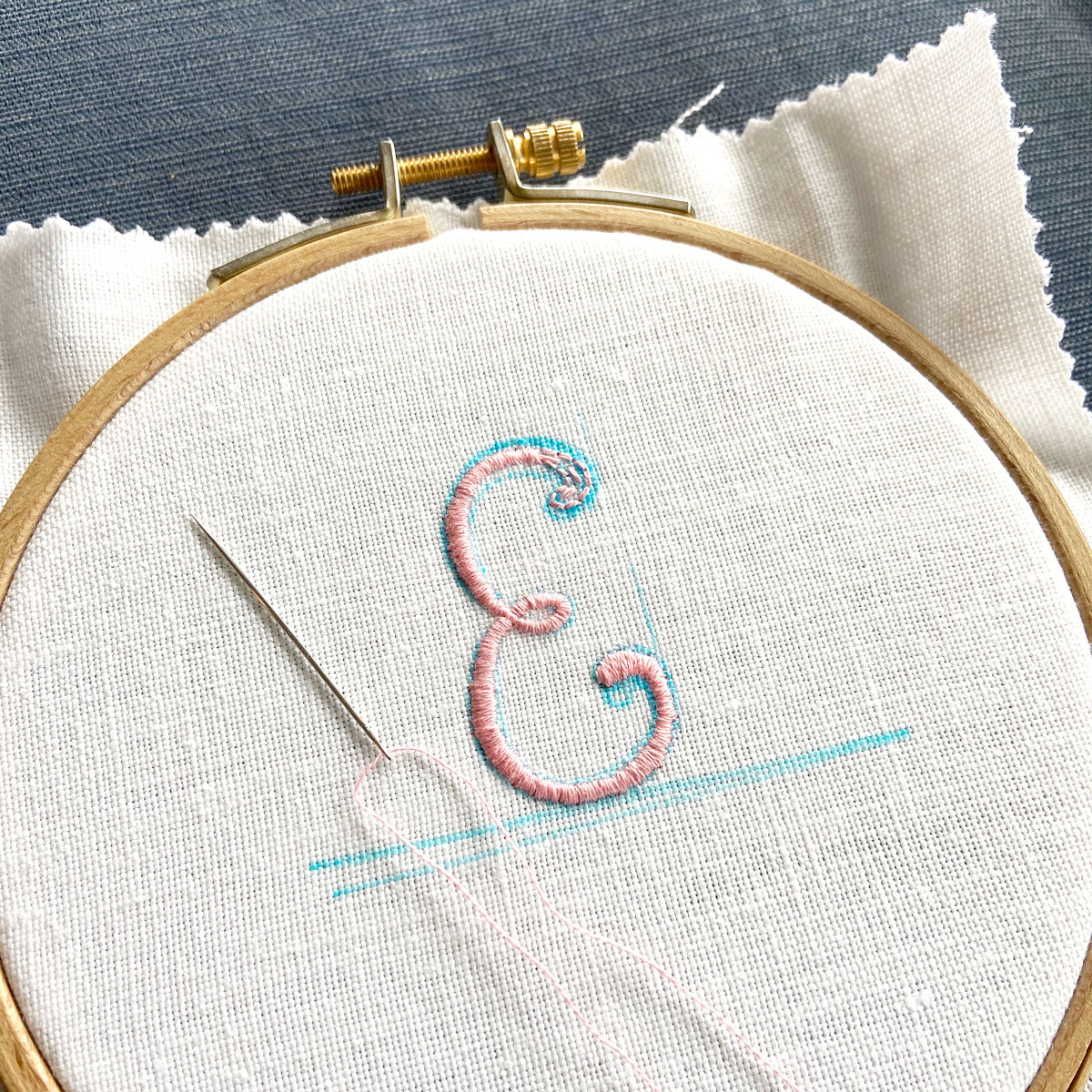 "E" Hand Embroidered Floral Monogram Art