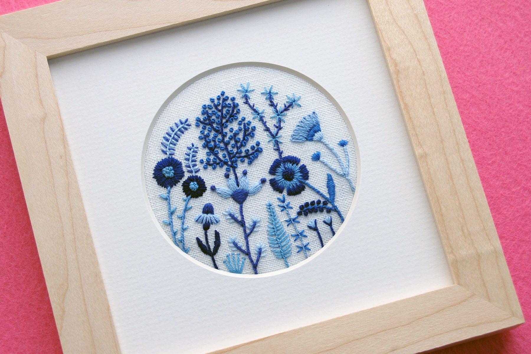 Blue Flowers (3" Circle) on White Linen Hand Embroidered Art