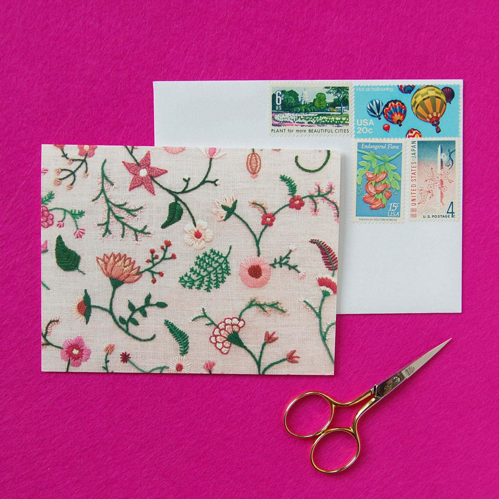 Hand Embroidered Photo Stationery - Pink Flowers on Pink