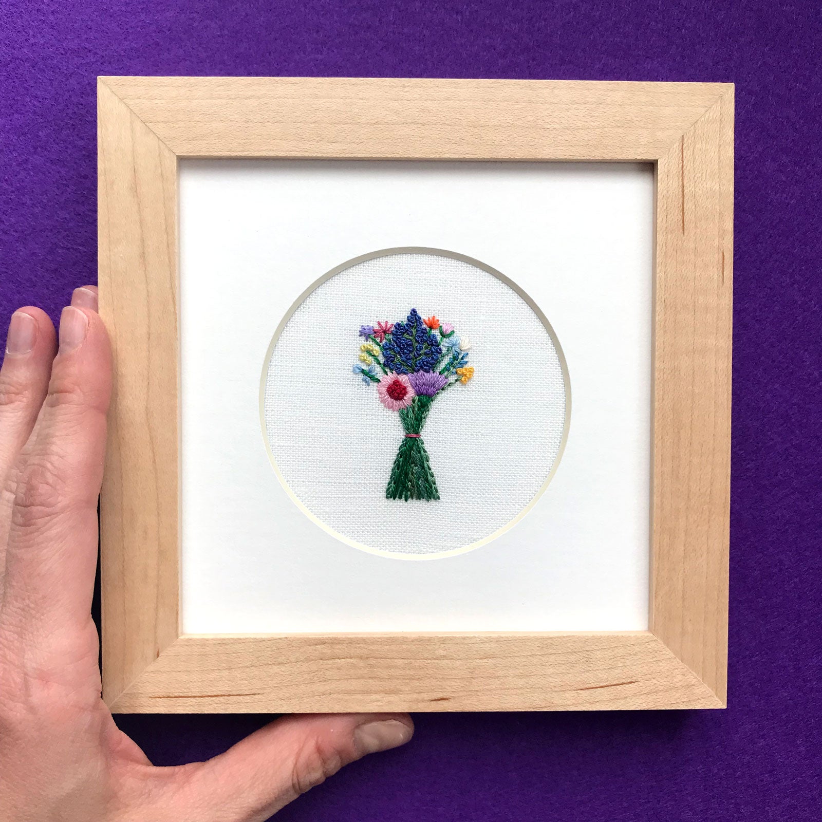 Rainbow Bouquet with Dark Blue Buds on White Linen Hand Embroidered Art