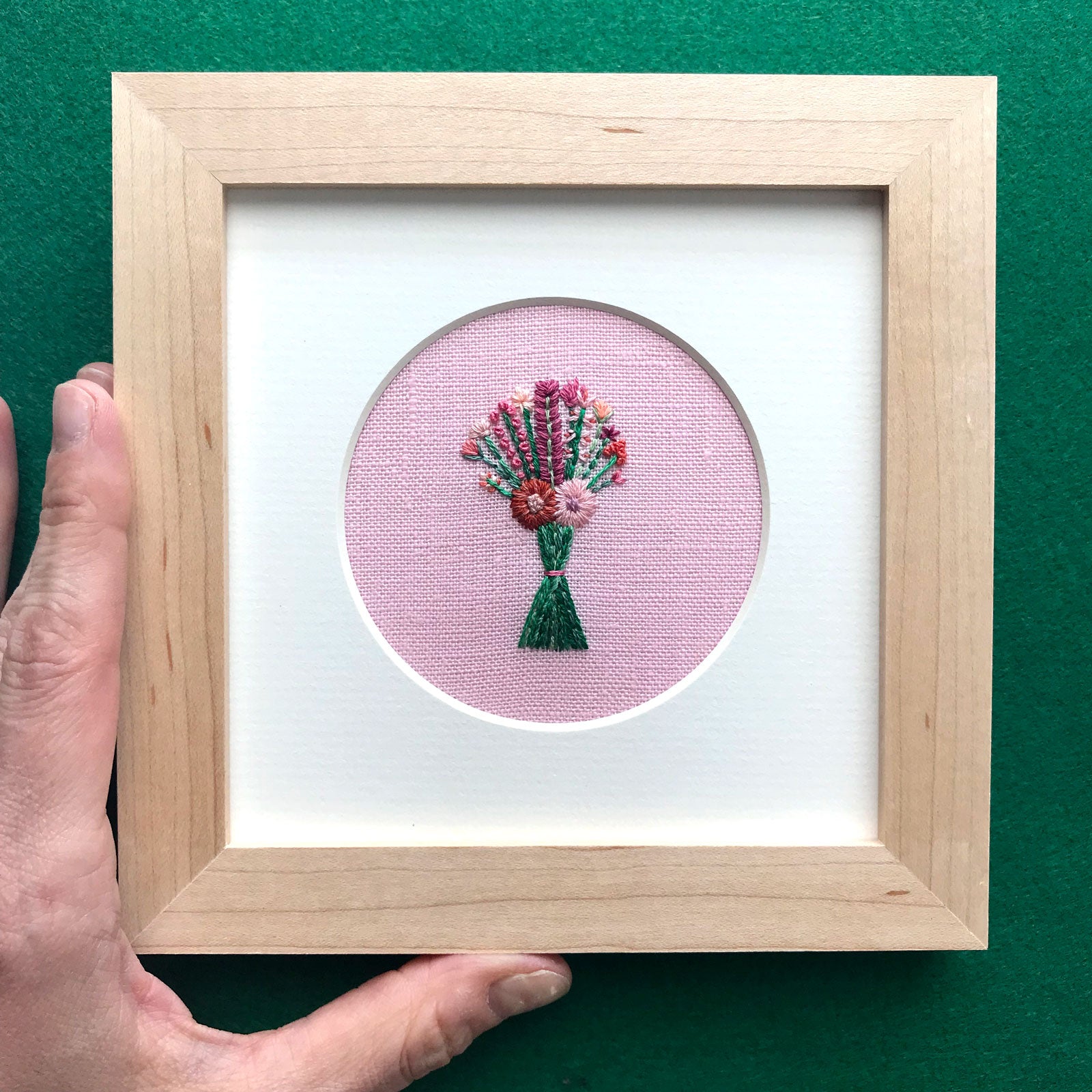 Bouquet with Pink and Orange Flowers on Pink Linen Hand Embroidered Art