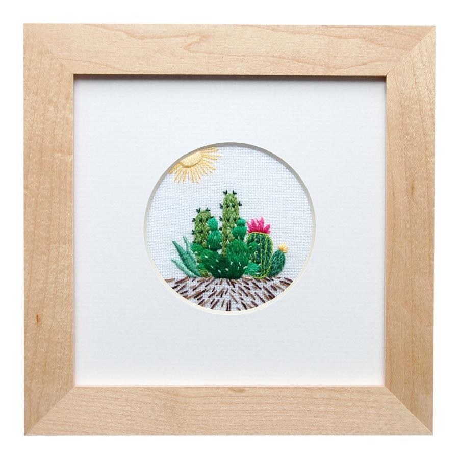 Cactus Group with Shining Sun on White Linen Hand Embroidered Art