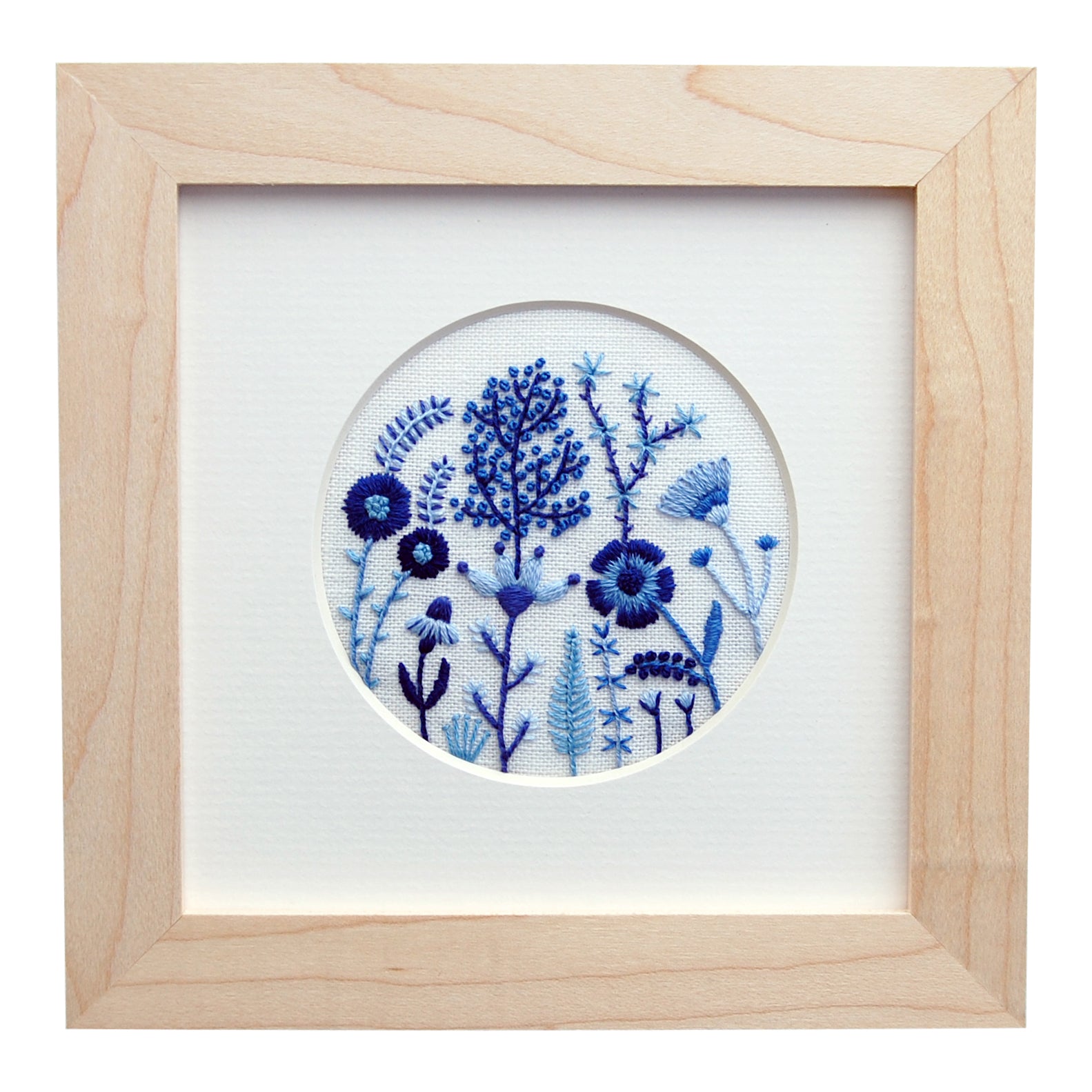 Blue Flowers (3" Circle) on White Linen Hand Embroidered Art