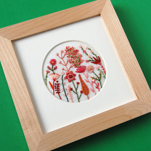 Desert Pink and Coral Flowers (3") on White Linen Hand Embroidered Art