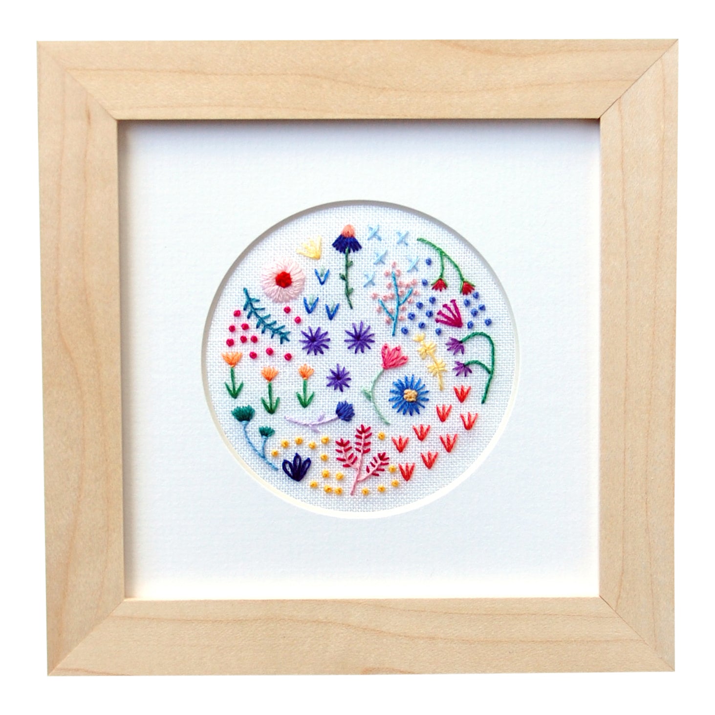Mini Rainbow Flowers (3") Style 3 on White Linen Hand Embroidered Art