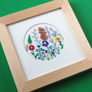 Rainbow Flowers (3") on White Linen Hand Embroidered Art