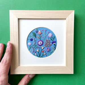 Purple, Orange, and Pink Flowers (3") on Light Blue Linen Hand Embroidered Art