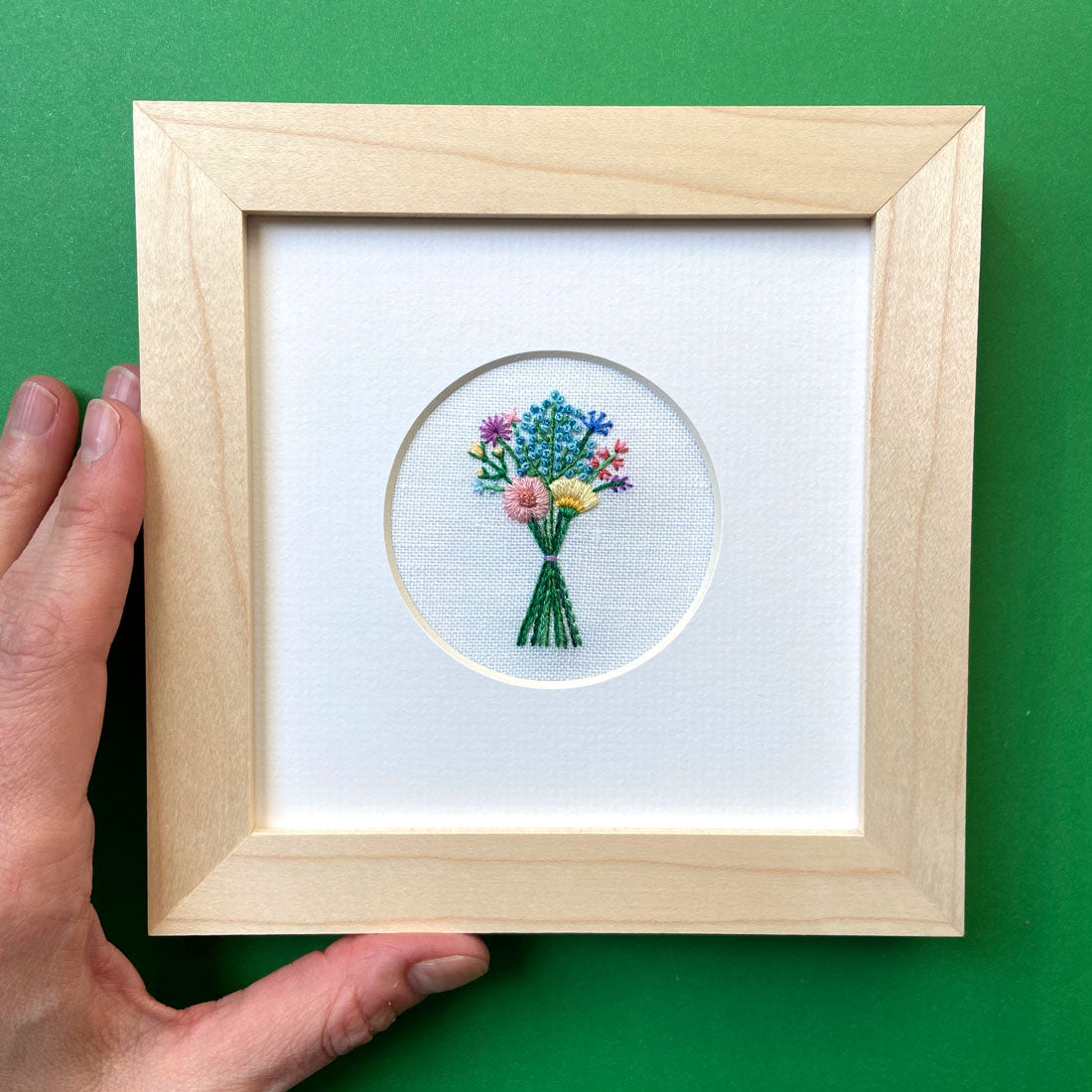 Bouquet with Blue Buds on White Linen Hand Embroidered Art