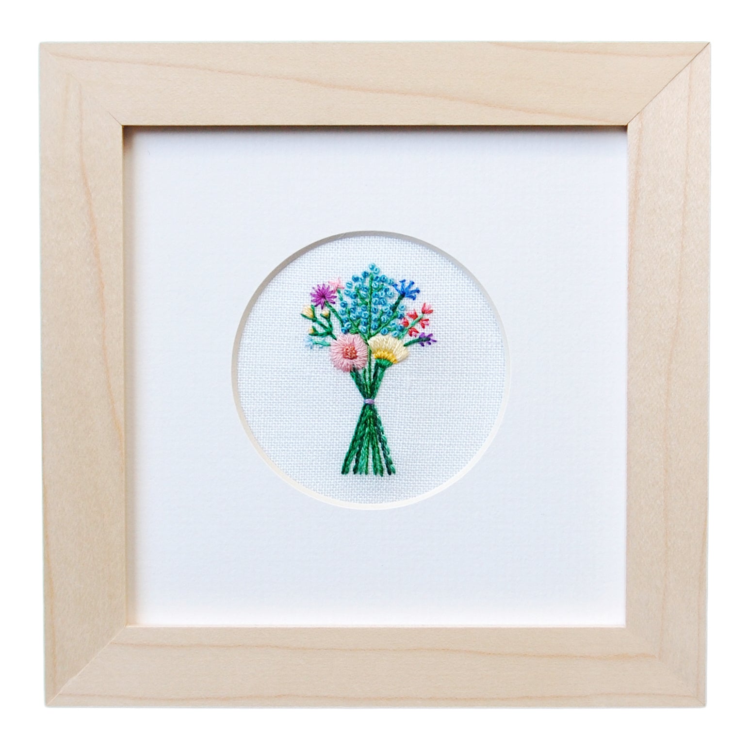 Bouquet with Blue Buds on White Linen Hand Embroidered Art