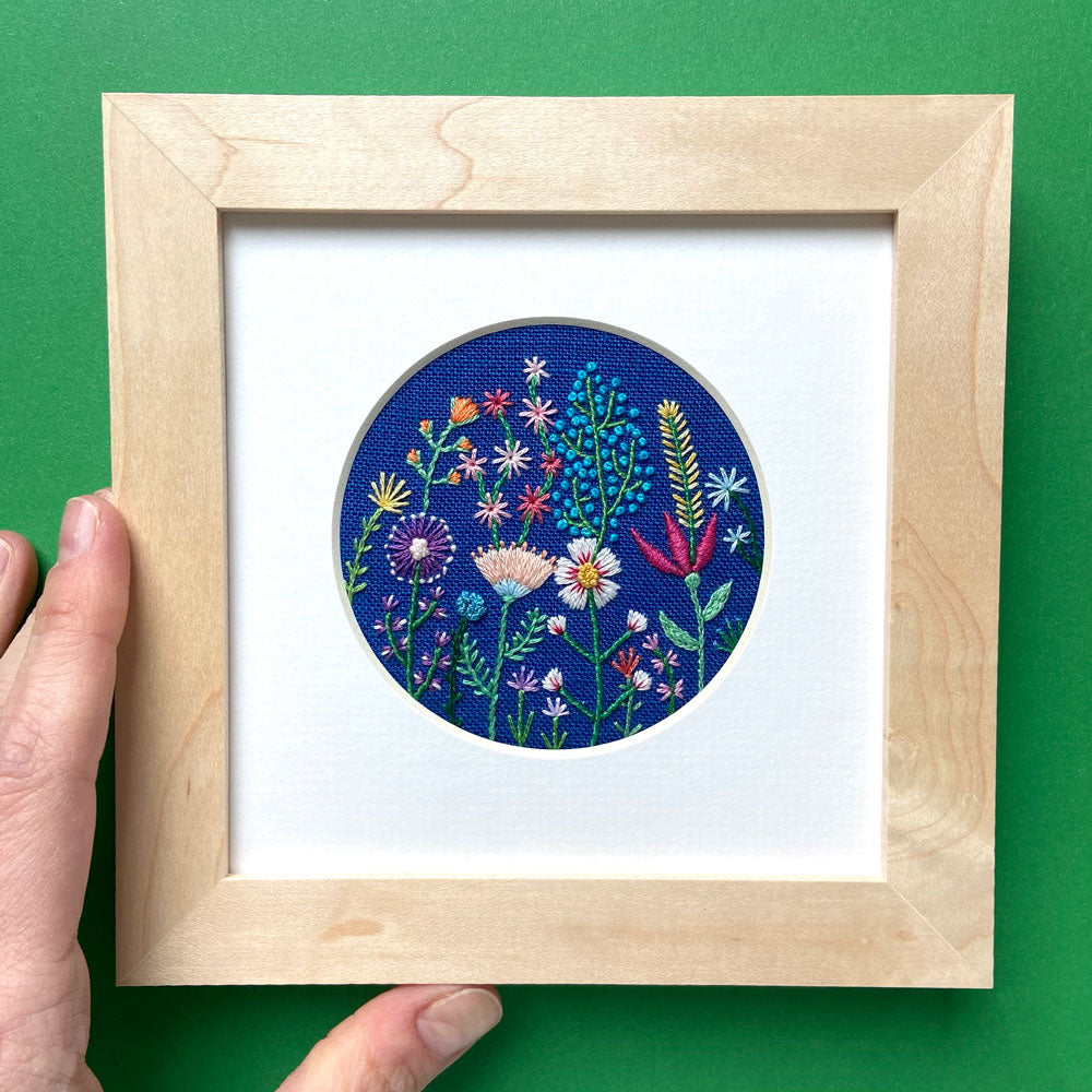 Rainbow Flowers (3") on Bright Blue Linen Hand Embroidered Art