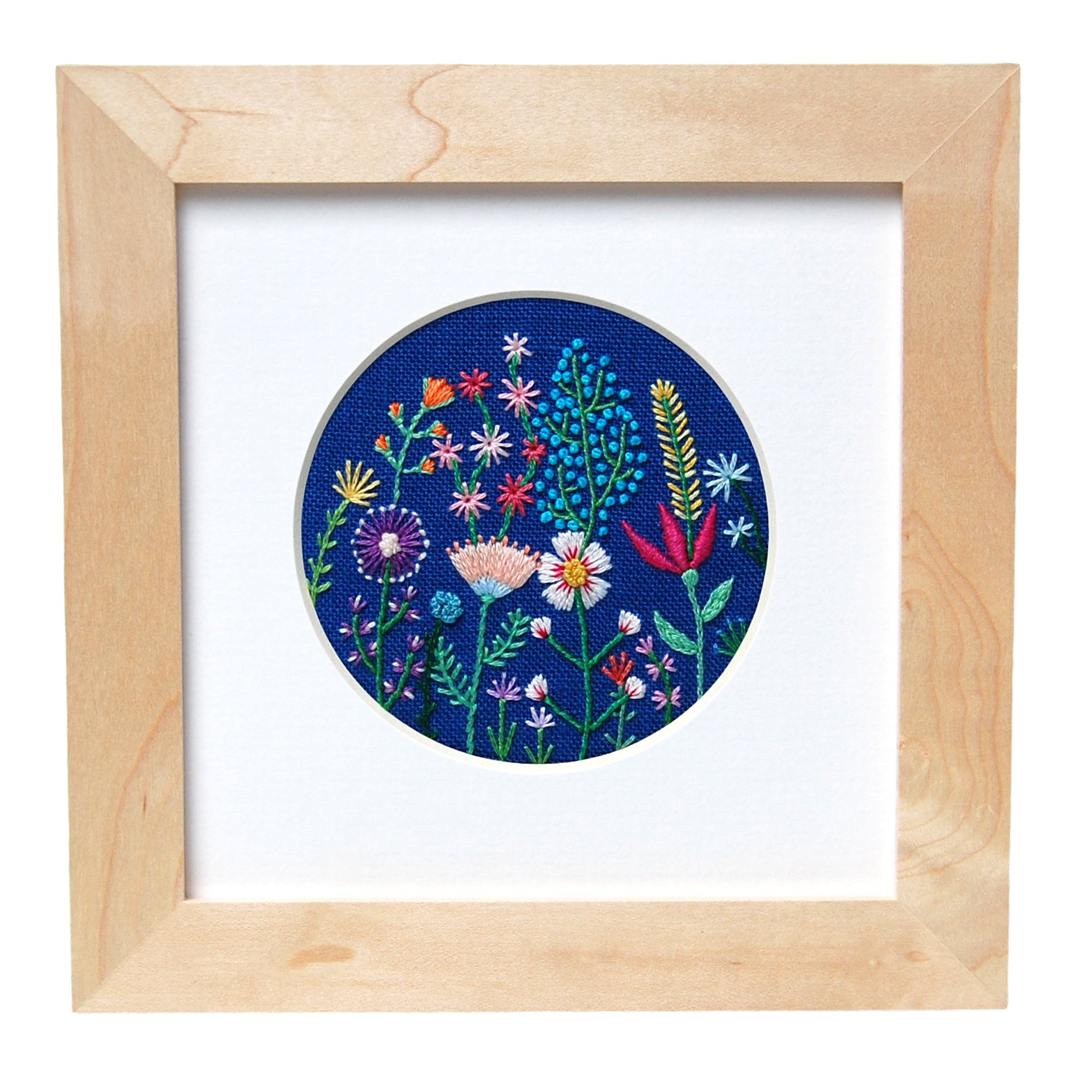Rainbow Flowers (3") on Bright Blue Linen Hand Embroidered Art