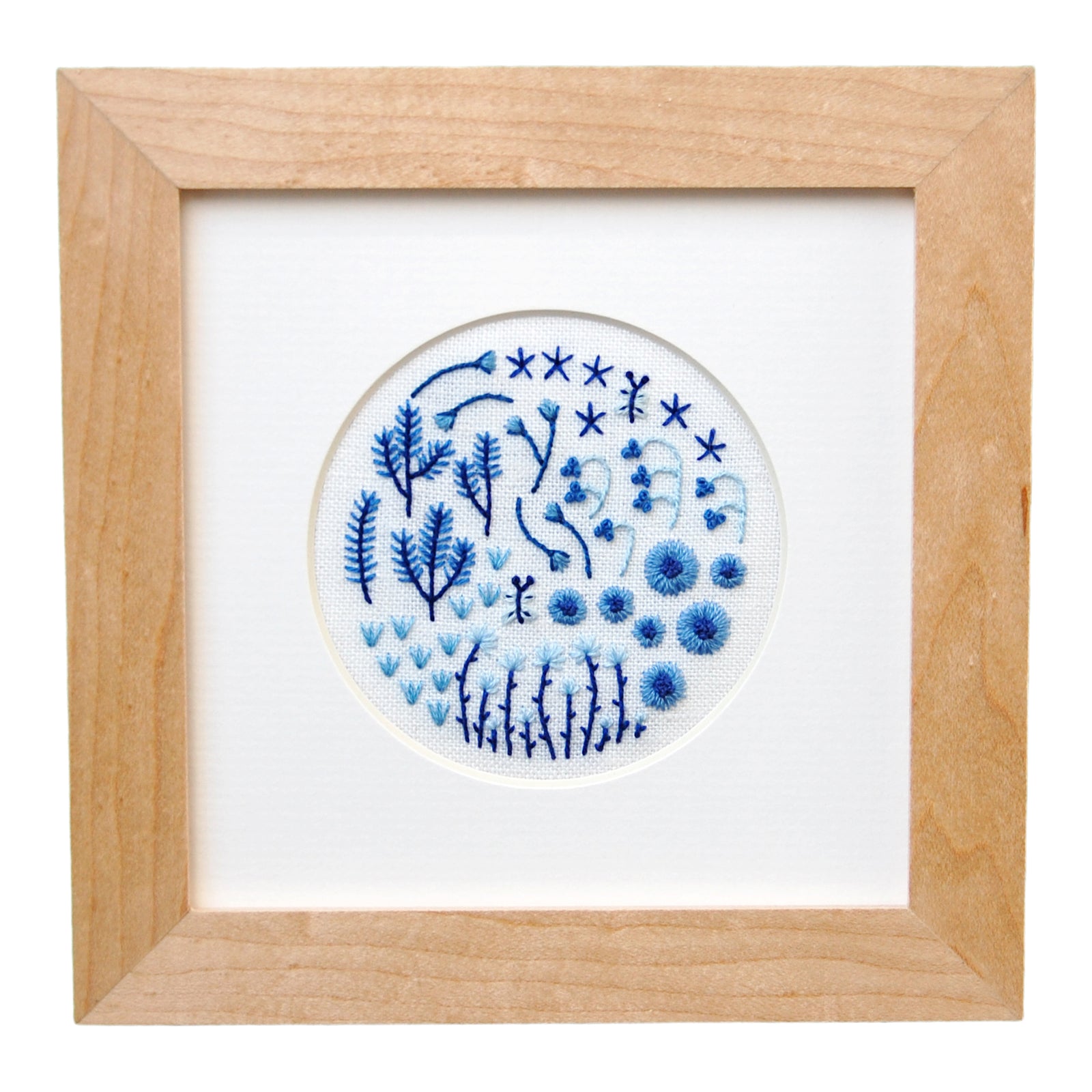 Blue Floral Field with Butterflies (3") on White Linen Hand Embroidered Art