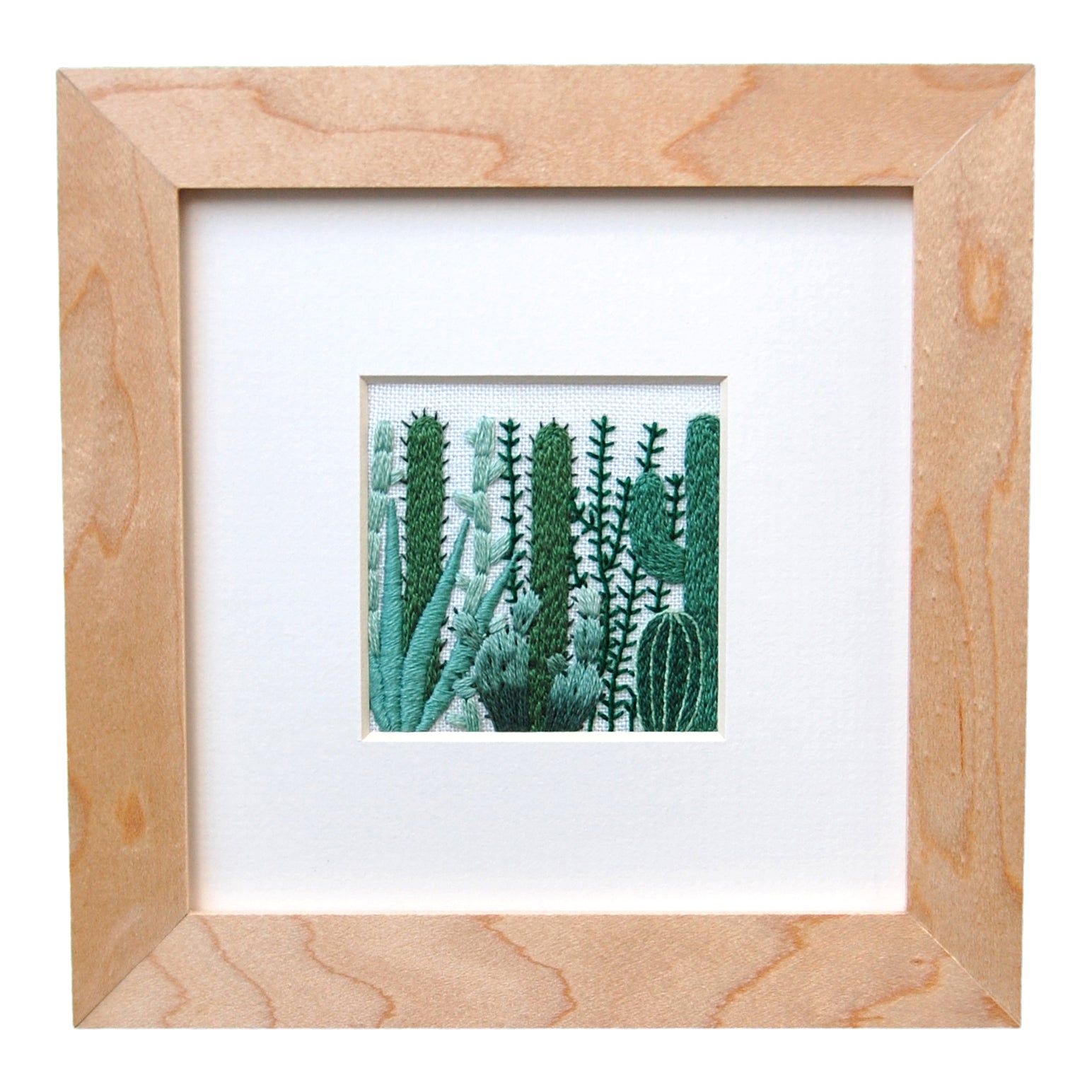 Cactus Grouping (2.25") on White Linen Hand Embroidered Art